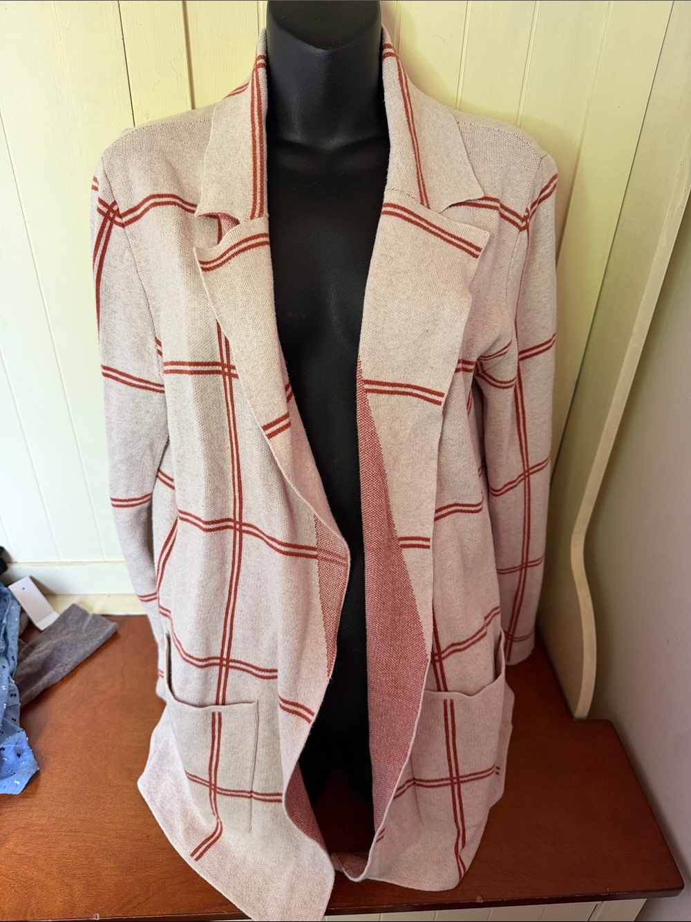 LOFT Cream and Rust Plaid Open-Front Blazer